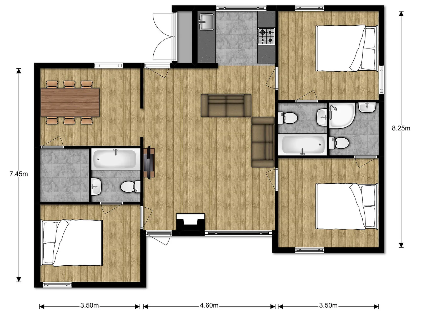 Plattegrond vakantiewoning Bever in Lochem, met een overzicht van de indeling van de kamers.
