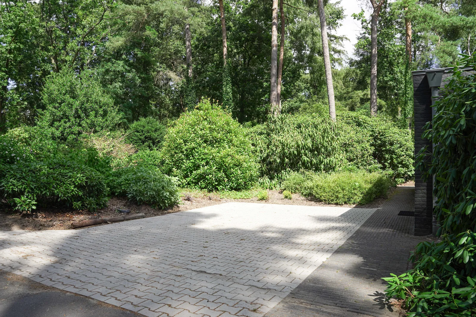 Oprit en groene voortuin van vakantiewoning Eekhoorn in Lochem