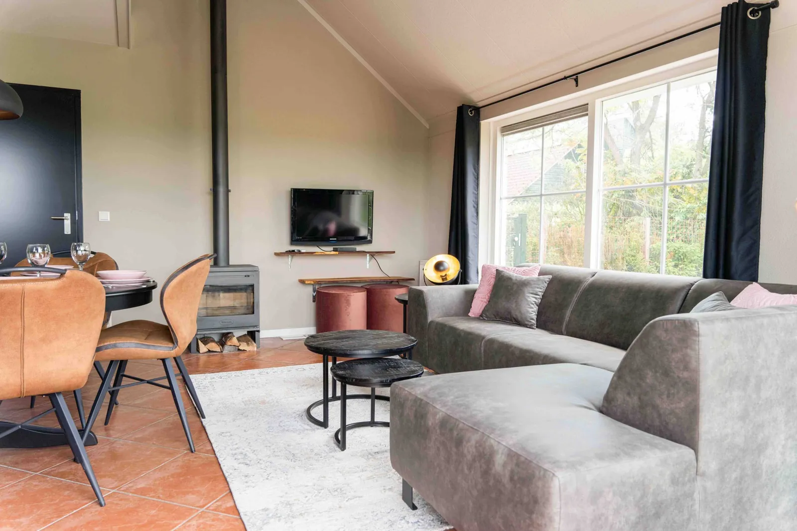 Woonkamer met houtkachel in vakantiewoning Tapuit in Appelscha.